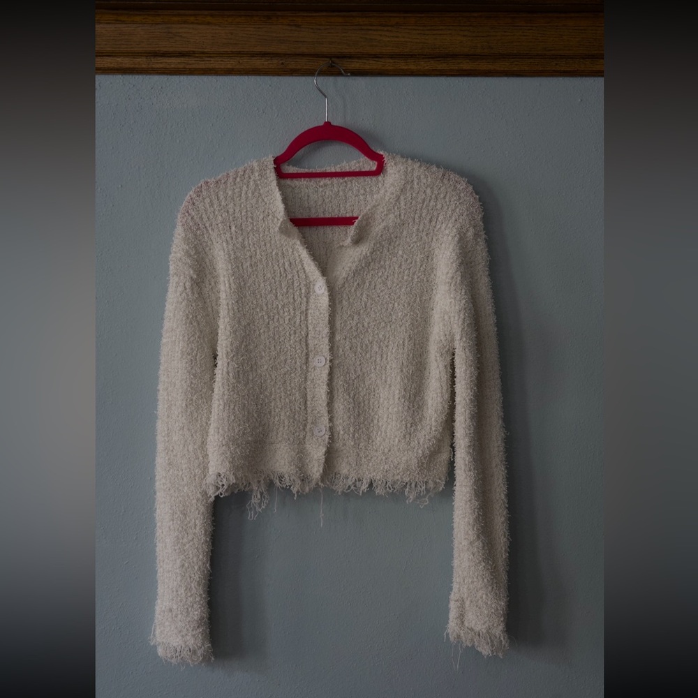 Fuzzy white cropped cardigan